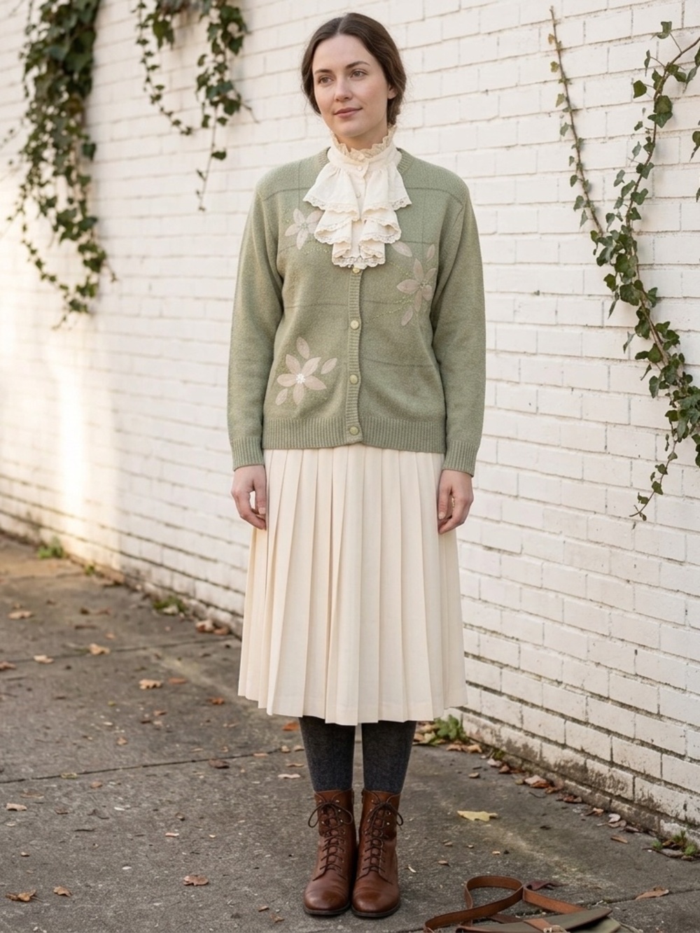Vintage Sage Green Floral Applique Beaded Knit Cardigan Sweater Novelty Button S